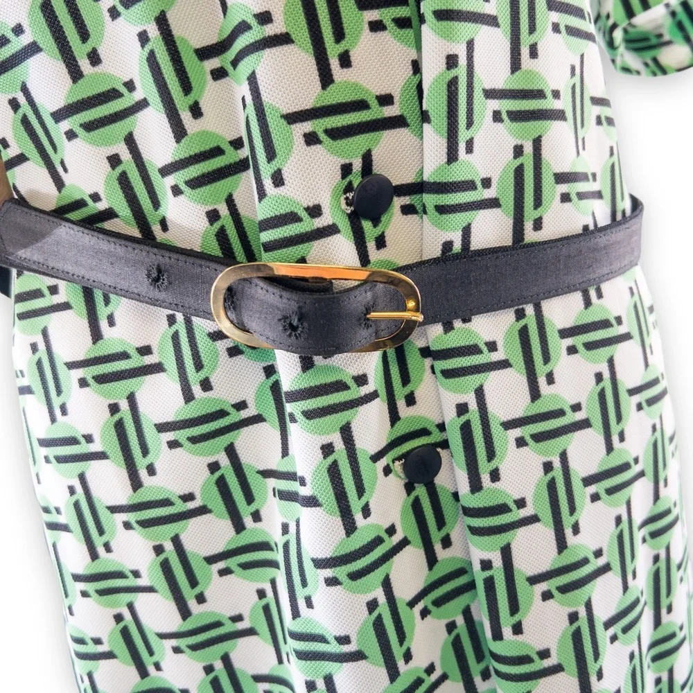 NWT Vintage 70s Geometric Print Green Black White A-line Shirt Dress Size 20.5 - Picture 8 of 16